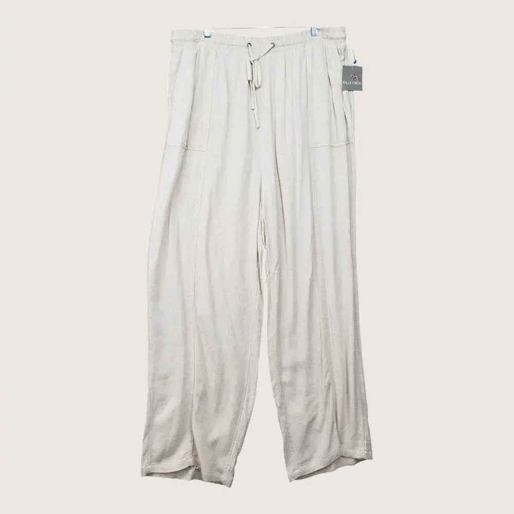 Falls Creek Womens 1X Beige Linen Blend Lounge Pants Wide Leg Drawstring NWT - Picture 2 of 15